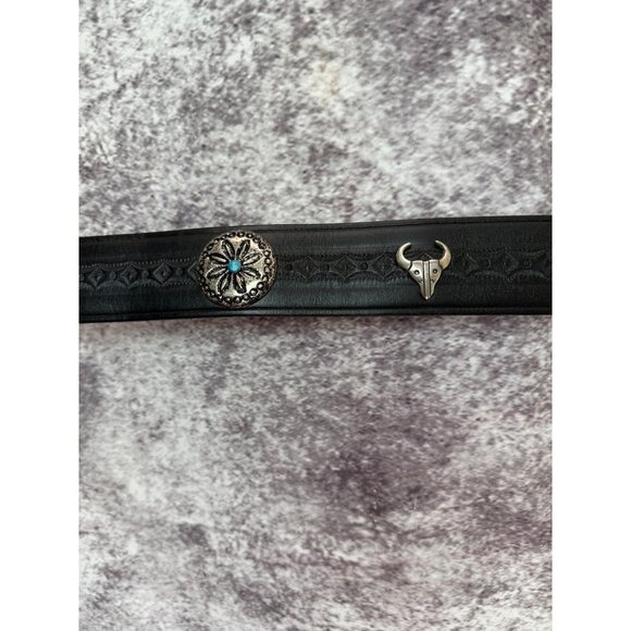Leather Belt Silver womens M 34"L Black Buckle Bull Conchos Turquoise Western - Picture 6 of 14